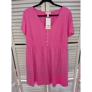 Isabel Maternity Pink Button Front V-Neck Short Sleeve Empire Waist Dress Large